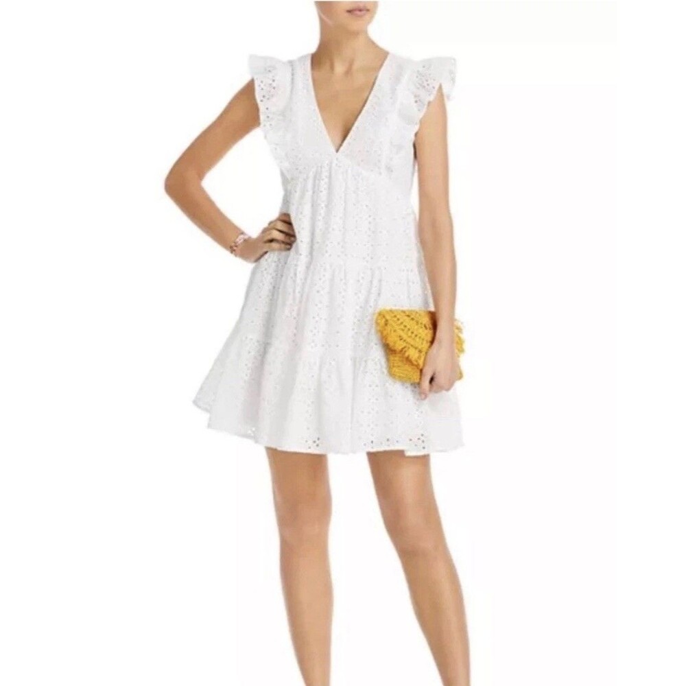 Aqua White Eyelet Tiered Mini Dress Women's V-Neck Ruffle Sleeve Cotton Small